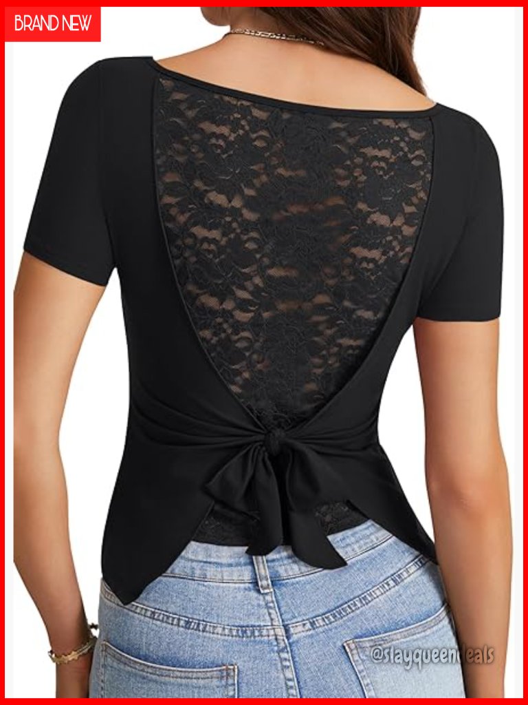 Women's Floral Lace Tie Back Blouse Boat Neck Short Sleeve Fitted Top